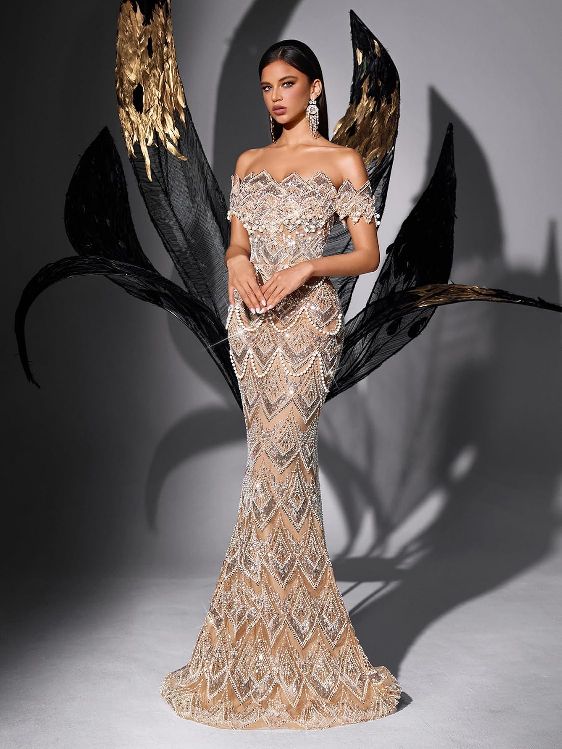 Women Off Shoulder Sequin Mermaid Evening Dress Lace Up Back Formal Gown Beaded Bodycon Prom Party Wedding Guest