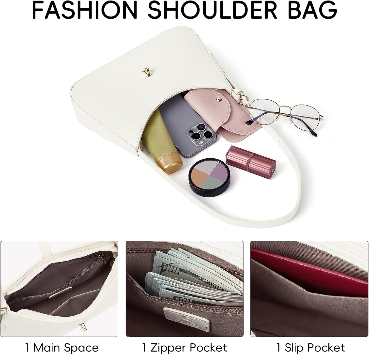 Women's White Vegan Leather Crescent Shoulder Bag