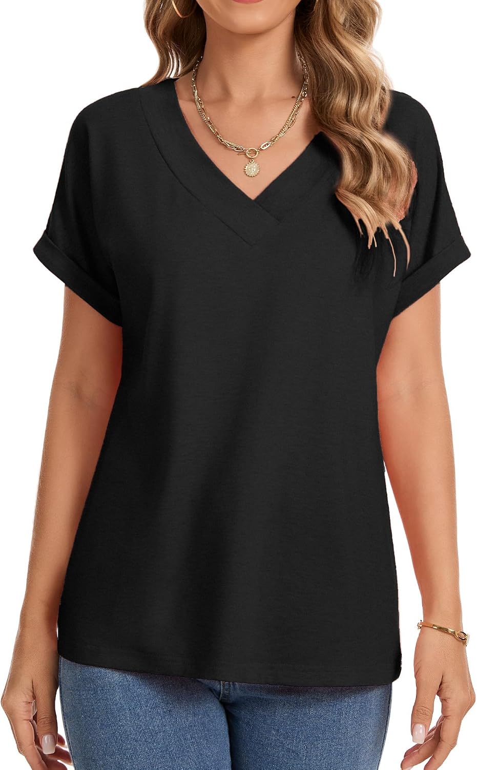 Women's Rolled Short Sleeve V Neck T-Shirt Black