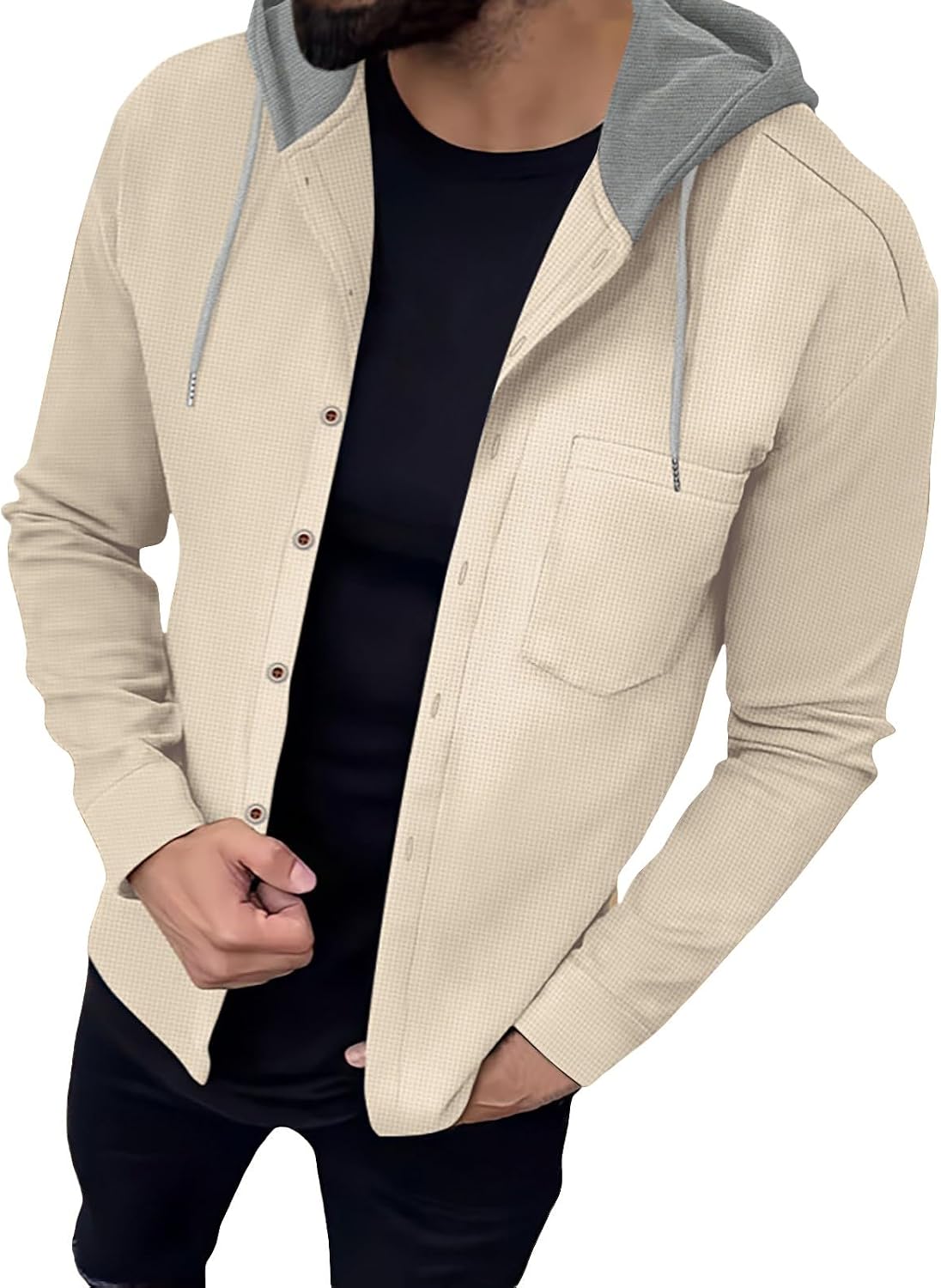 Men's Two Tone Button Down Hooded Shirt Khaki
