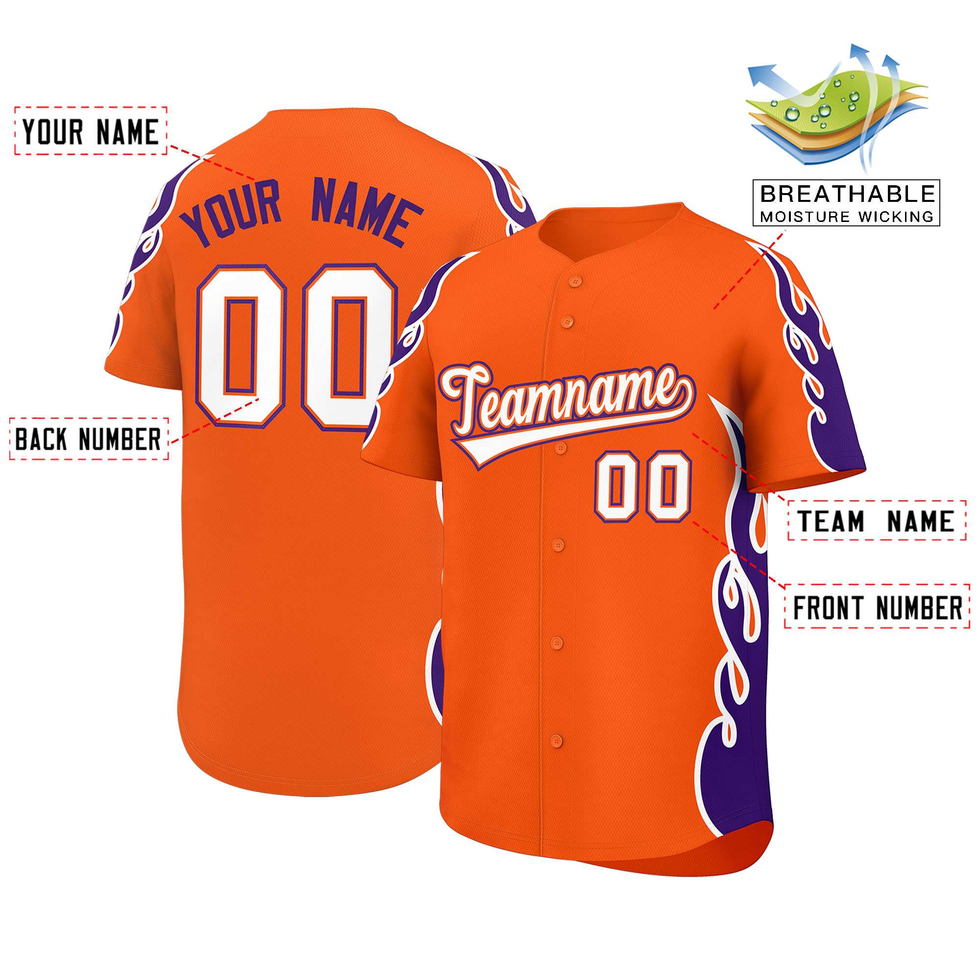 Benutzerdefiniertes Baseball-Trikot mit Seitenflammen-Umrissmuster für Sportuniformen