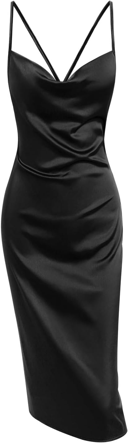 Women's Black Satin Slip Dress Cowl Neck Ruched Nightgown