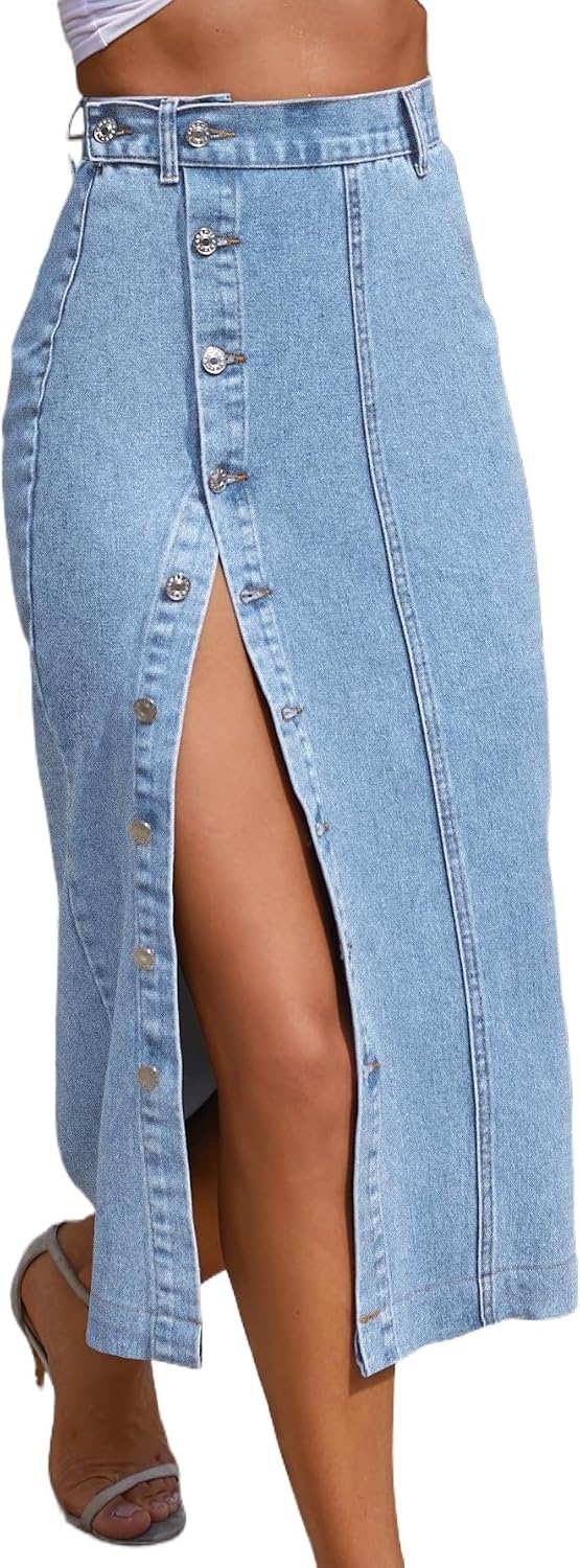 Trendy High Waisted Denim Skirt for Women Button Front Slit Midi Ladies Summer