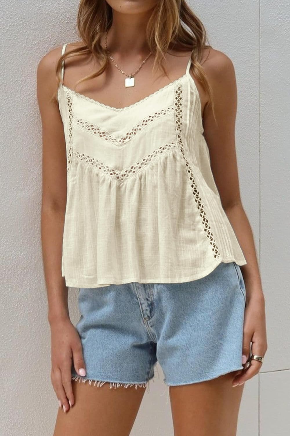 Womens Casual Adjustable Straps V Neck Linen Pleated Crochet Cami Shirt Tanks Tops