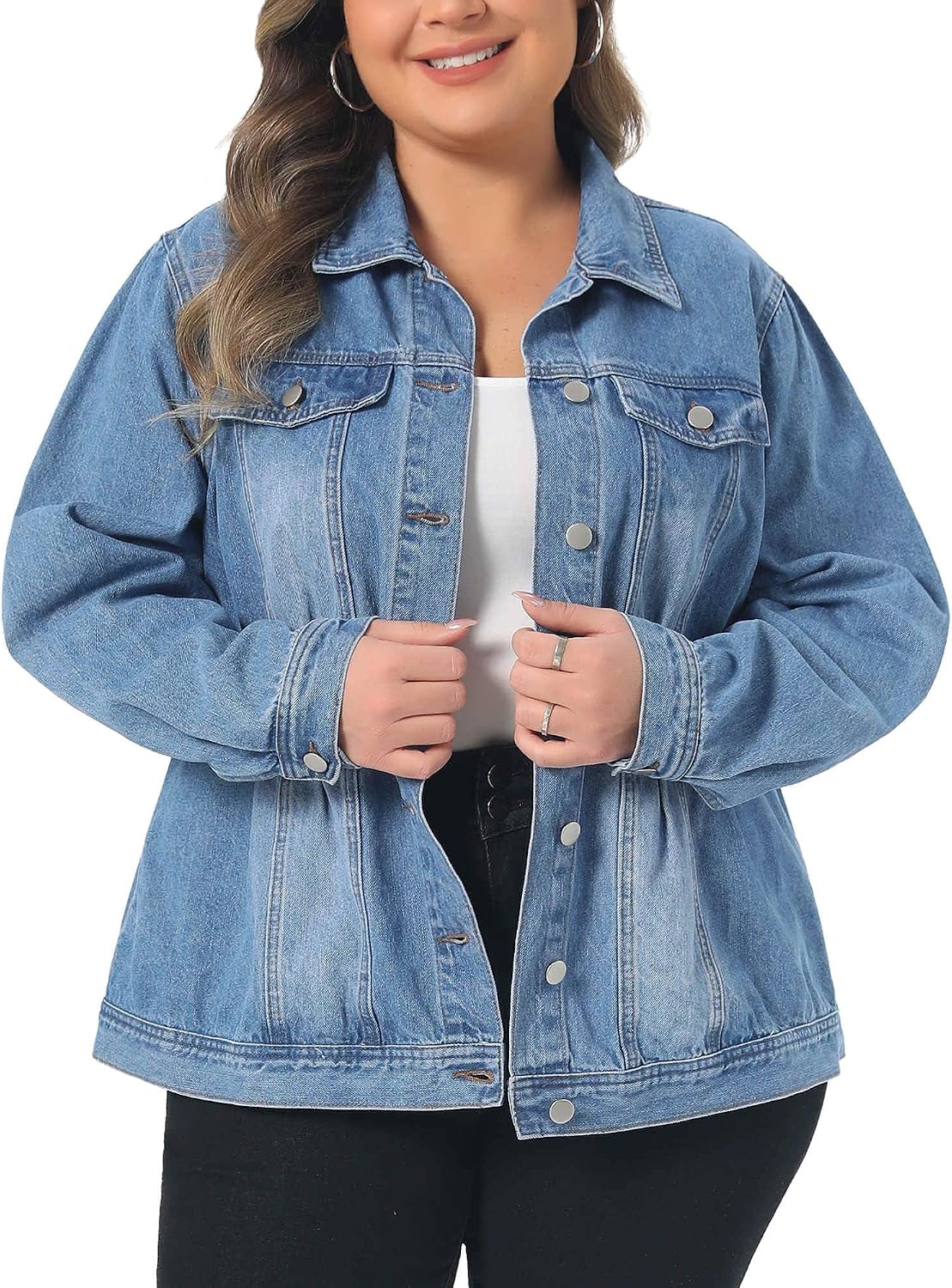 Women's Plus Size Washed Denim Jacket Snap Button