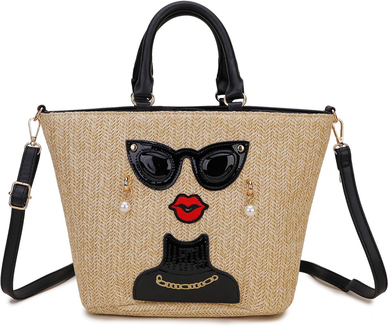 Women's Straw Applique Tote Bag Beige