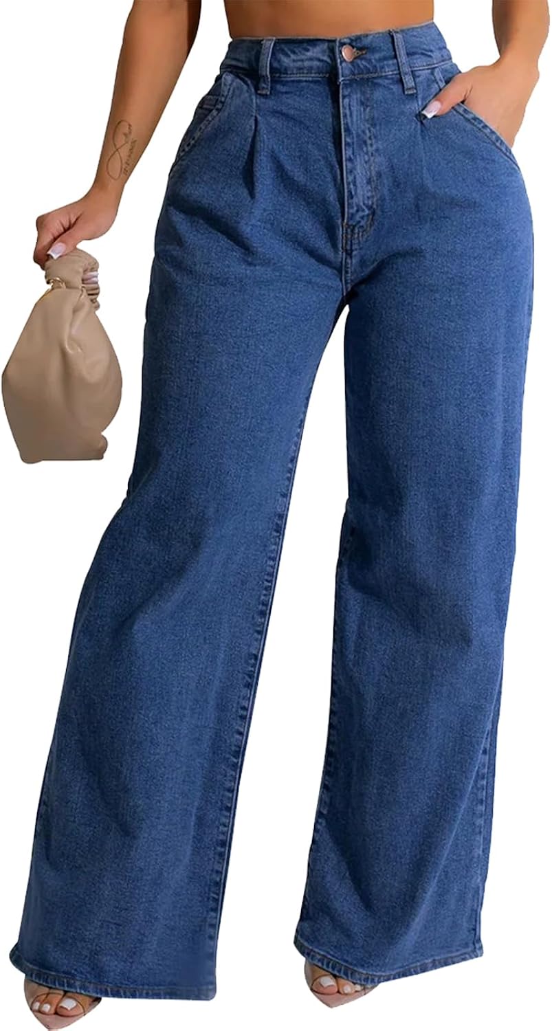 Women's High Rise Baggy Wide Leg Jeans Mid Wash
