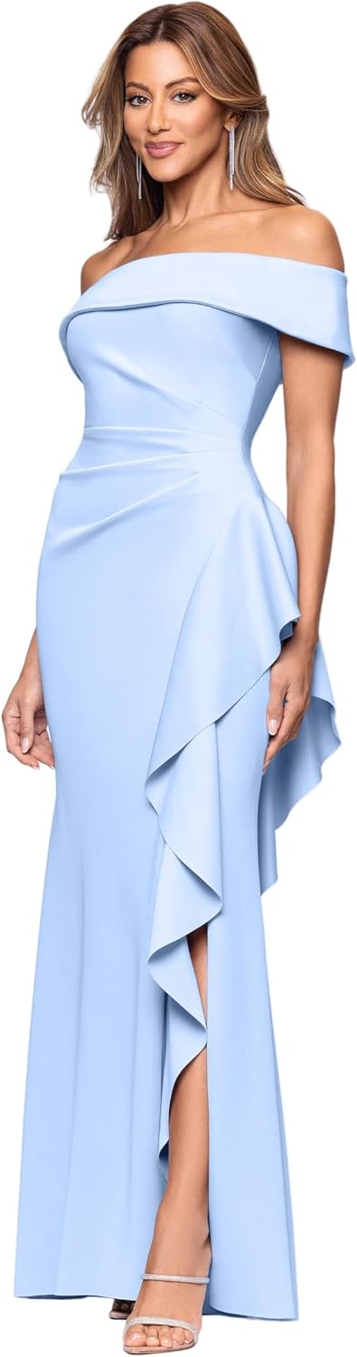 Women's Long Ruched Off-the-Shoulder Low-Sheen Evening Dress with Leg Slit & Ruffle Detail