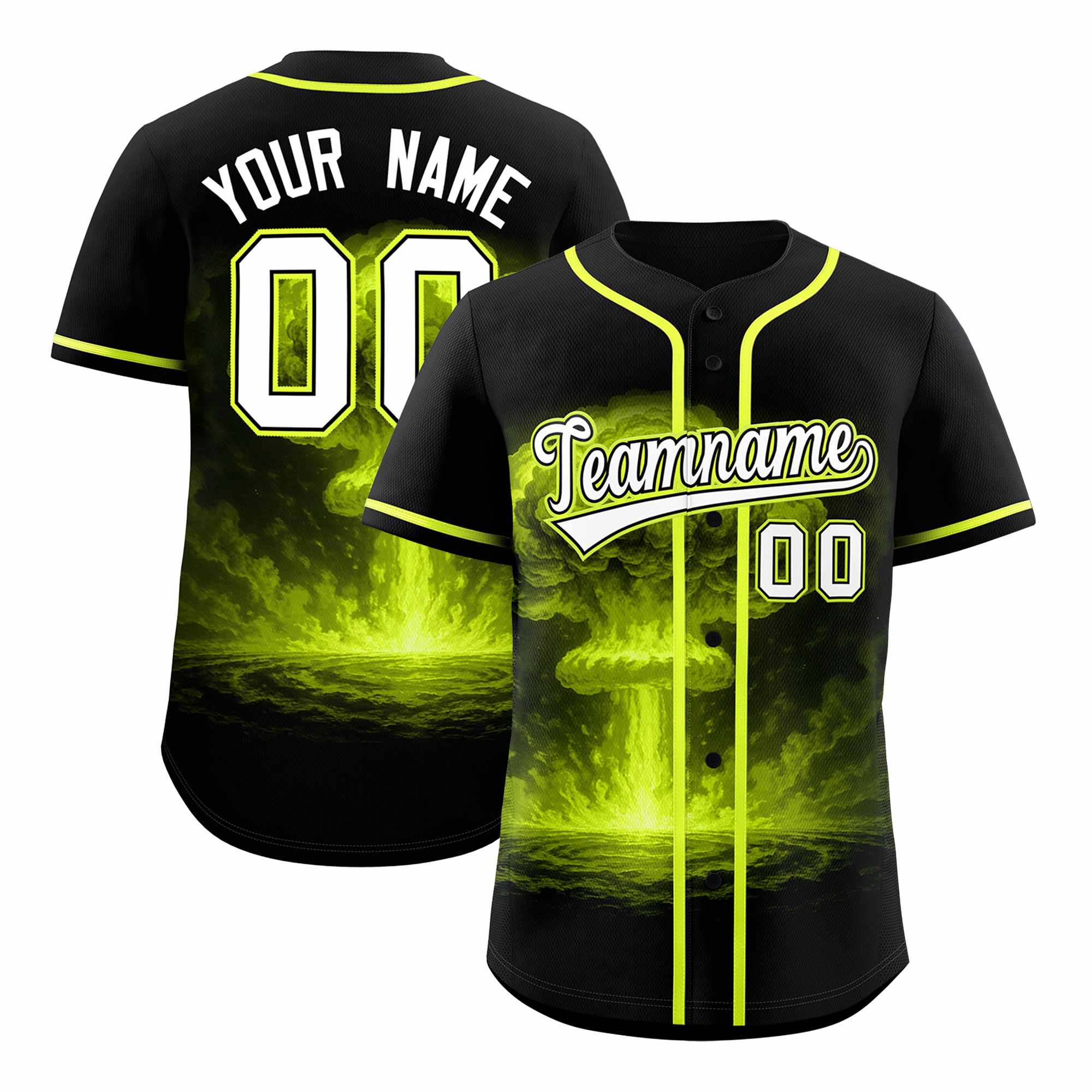 Benutzerdefiniertes, authentisches Baseball-Trikot mit Nuclear Blast-Graffiti-Muster und durchgehendem Knopf in Schwarz, fluoreszierend, grün