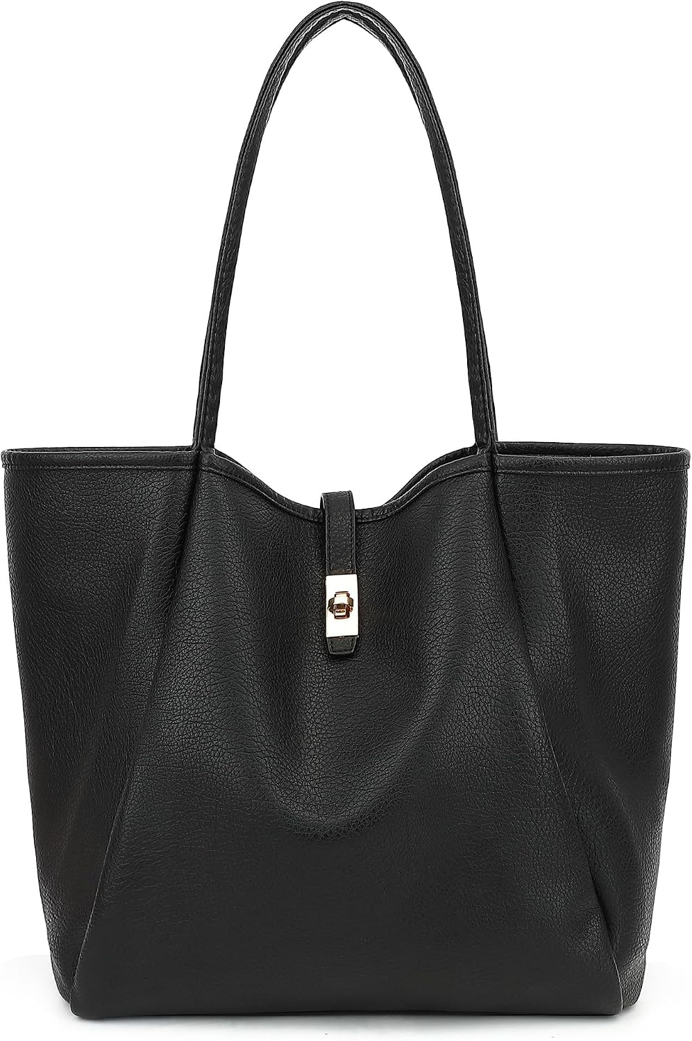 Women's Vegan Leather Turn-Lock Tote Handbag, Black