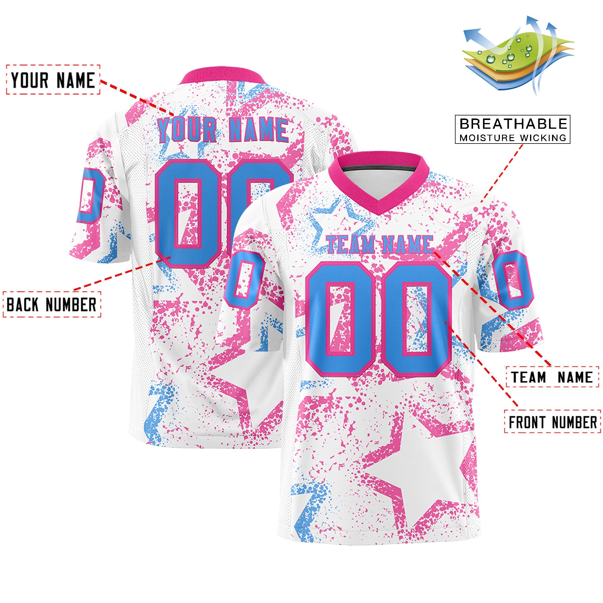 Benutzerdefiniertes, personalisiertes Star-Graffiti-Muster in Weiß, Rosa und Puderblau, authentisches Fußballtrikot