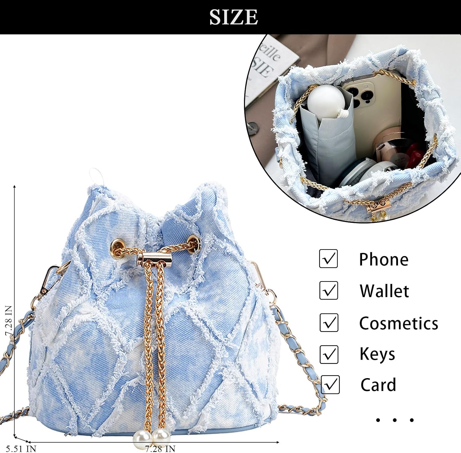 Women's Quilted Denim Bucket Bag with Chain Strap Blue