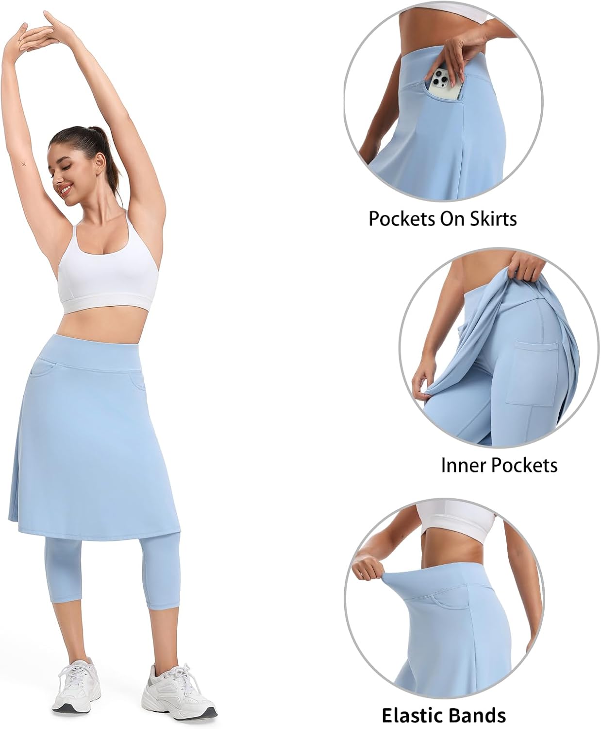 Women Athletic Knee Length Skirts with Leggings Yoga Skorts Leggings Arc-Shaped Pockets&Women Skirted Capris Skorts