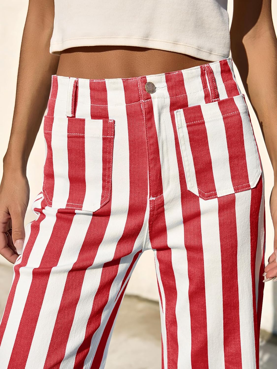 Women's Striped Wide Leg Crop Jeans Red White Women's Striped Wide Leg Crop Jeans Red White