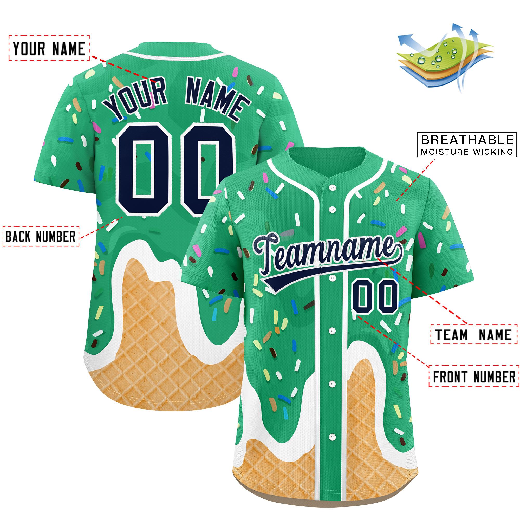 Benutzerdefiniertes, leuchtend grünes Eistüte-Graffiti-Muster, modisches, authentisches Baseball-Trikot Benutzerdefiniertes, leuchtend grünes Eistüte-Graffiti-Muster, modisches, authentisches Baseball-Trikot