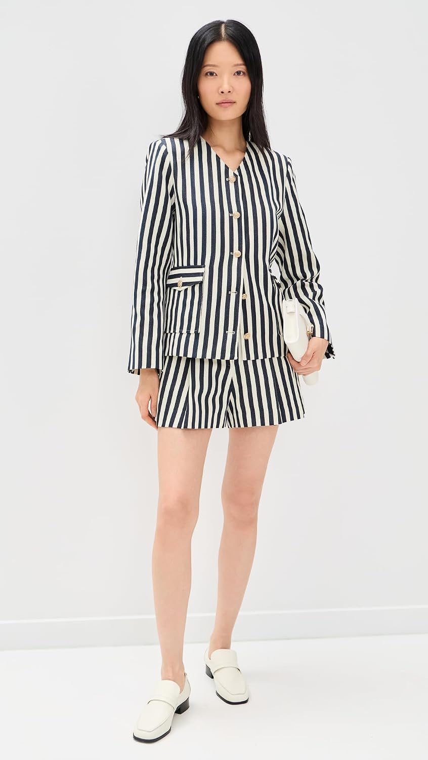 Women's Striped Gold Button Collarless Jacket Navy