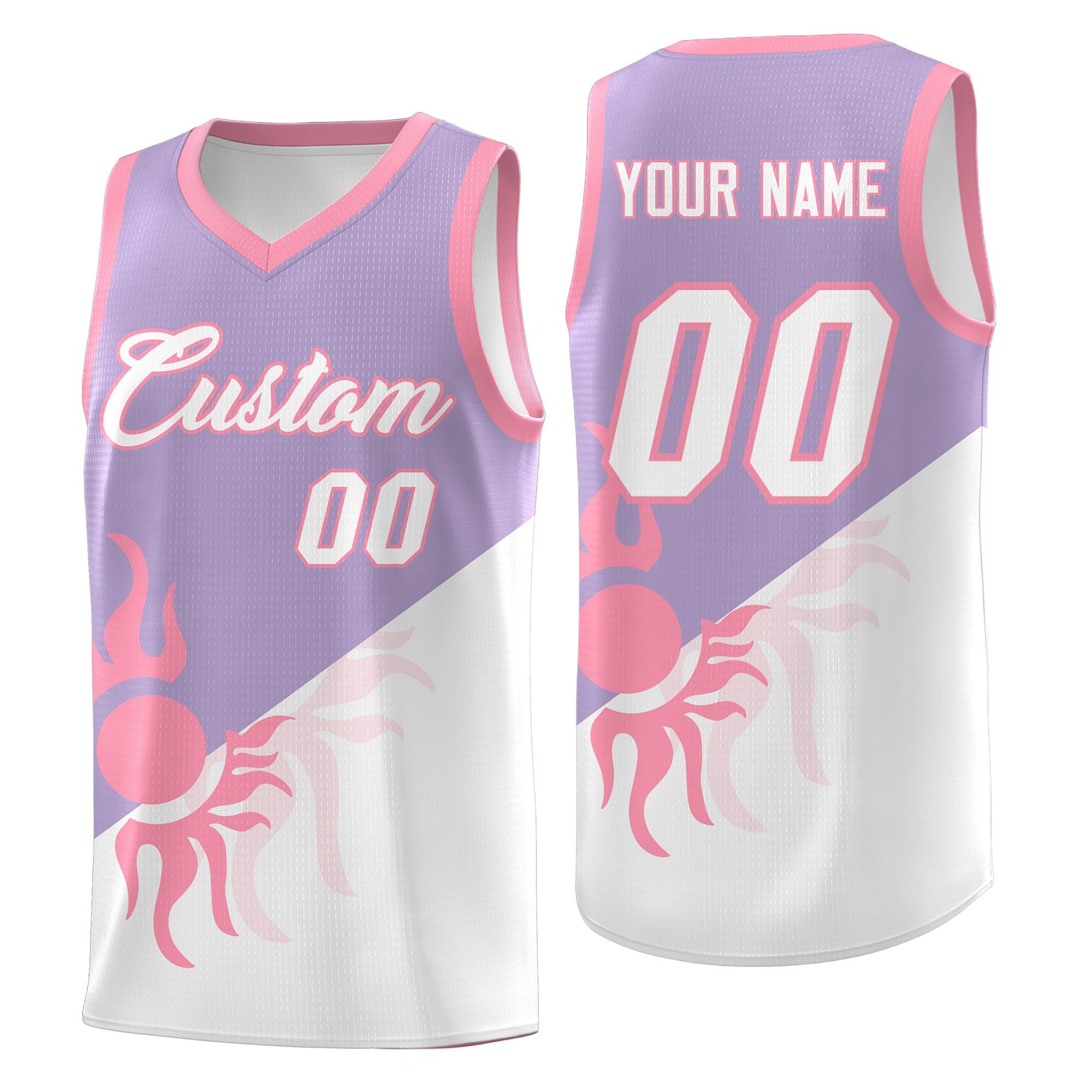 Maßgeschneidertes zweifarbiges drapierbares Uniform-Basketballtrikot mit leuchtendem Sonnendesign in Helllila und Weiß