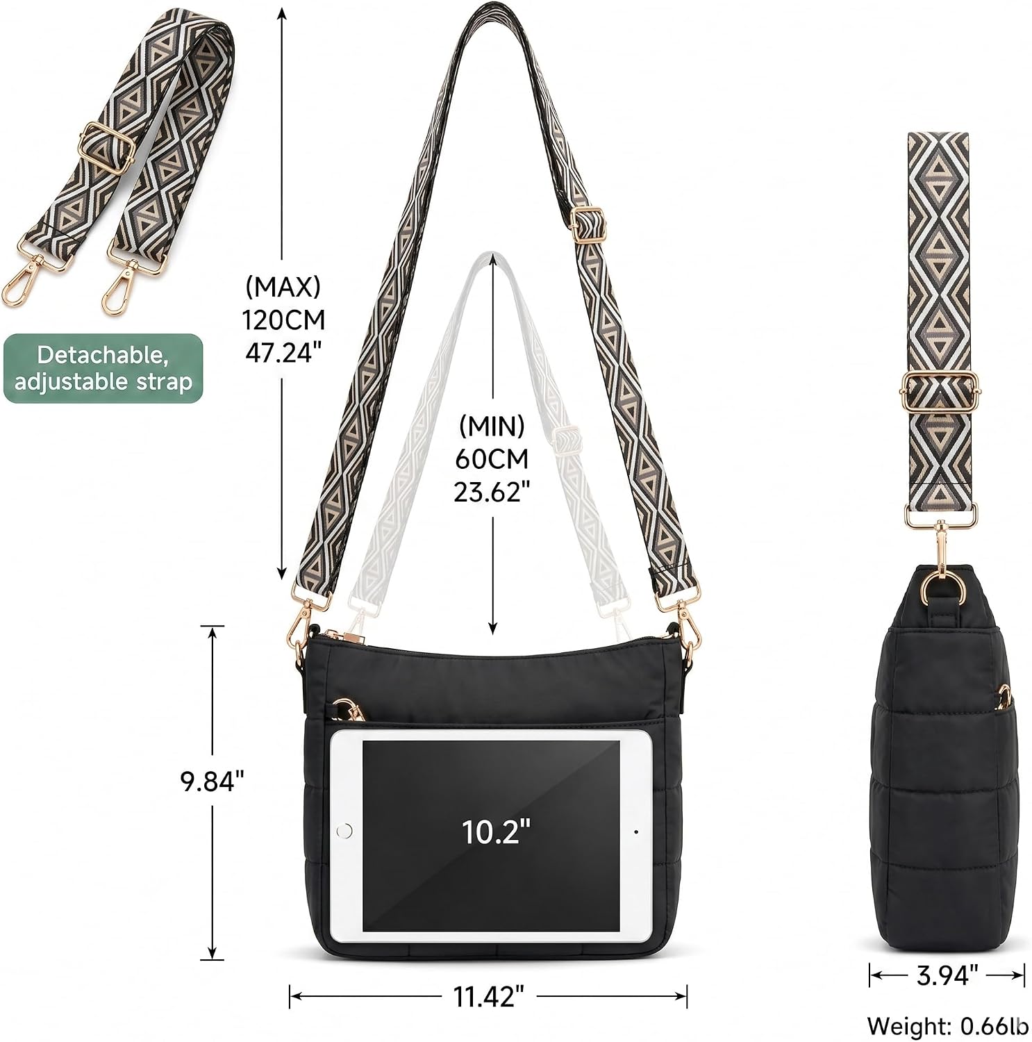 Women's Quilted Puffer Crossbody Bag Wide Guitar Strap Black