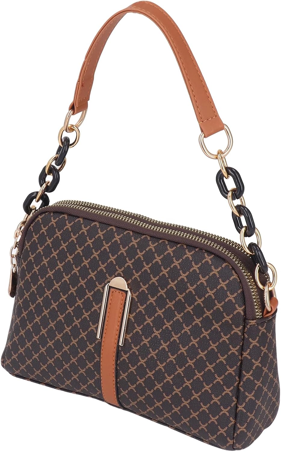 Women's Vintage Diamond Print Chain Shoulder Satchel Brown Women's Vintage Diamond Print Chain Shoulder Satchel Brown