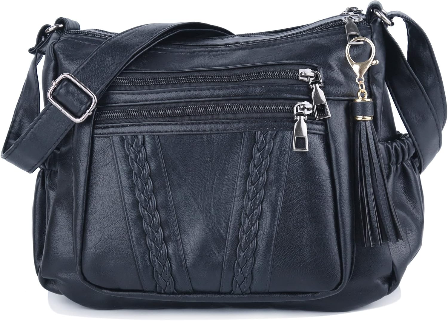 Women's Braided Weave Multi-Zip Shoulder Bag Black