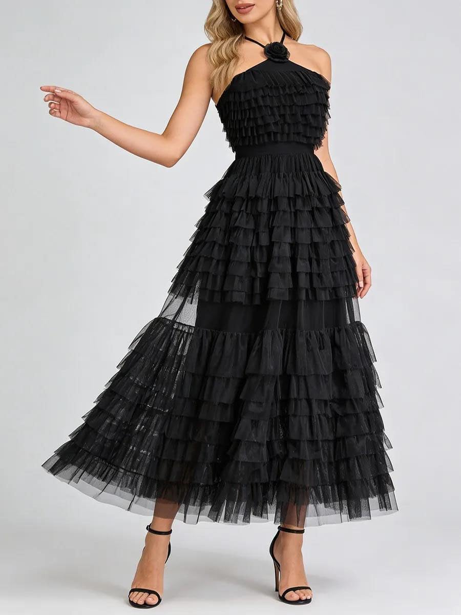 Women's Ruffle Tulle Halter Midi Dress Tiered Black Women's Ruffle Tulle Halter Midi Dress Tiered Black