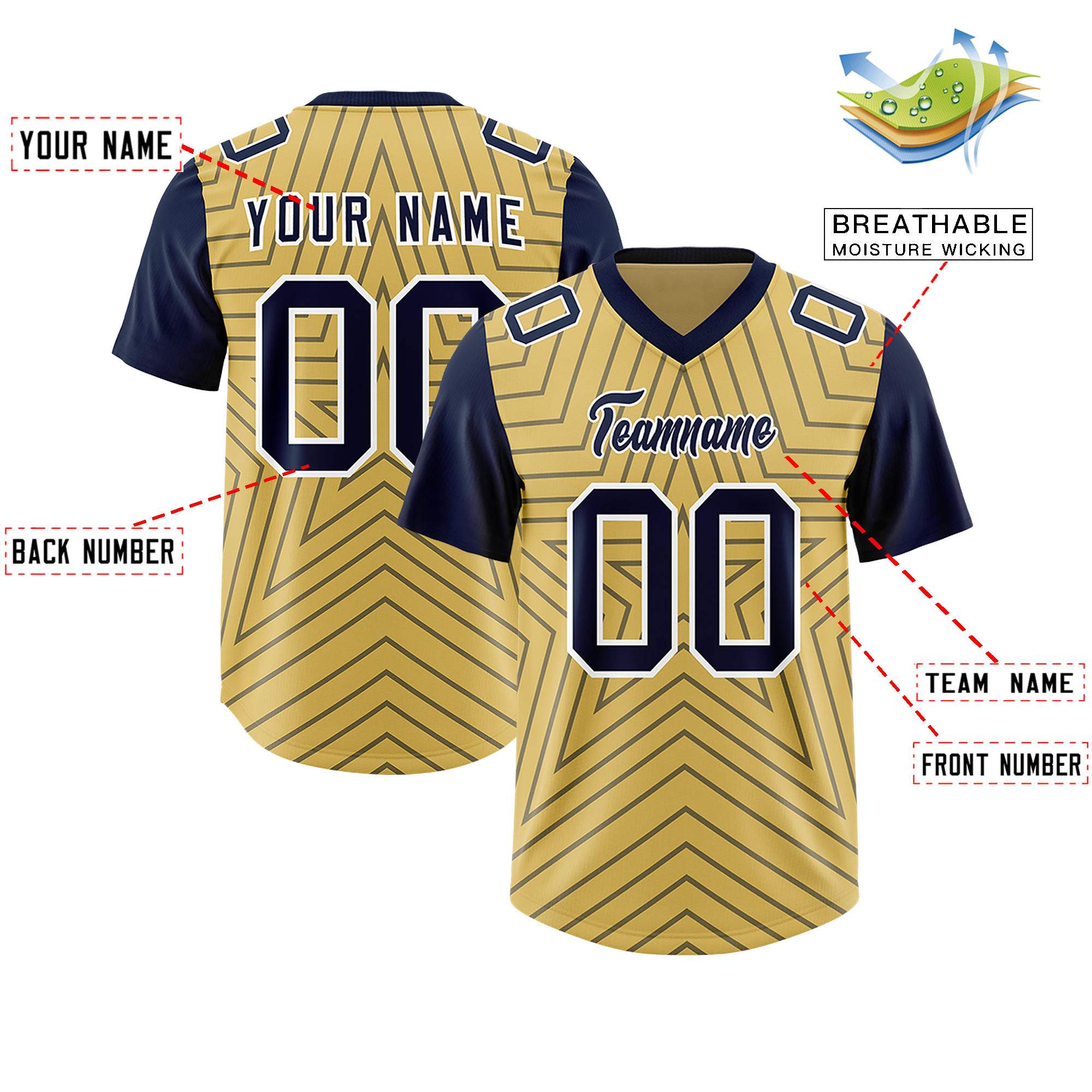 Individuell personalisiertes, authentisches Fußballtrikot mit Raglanärmeln und Sternenmuster