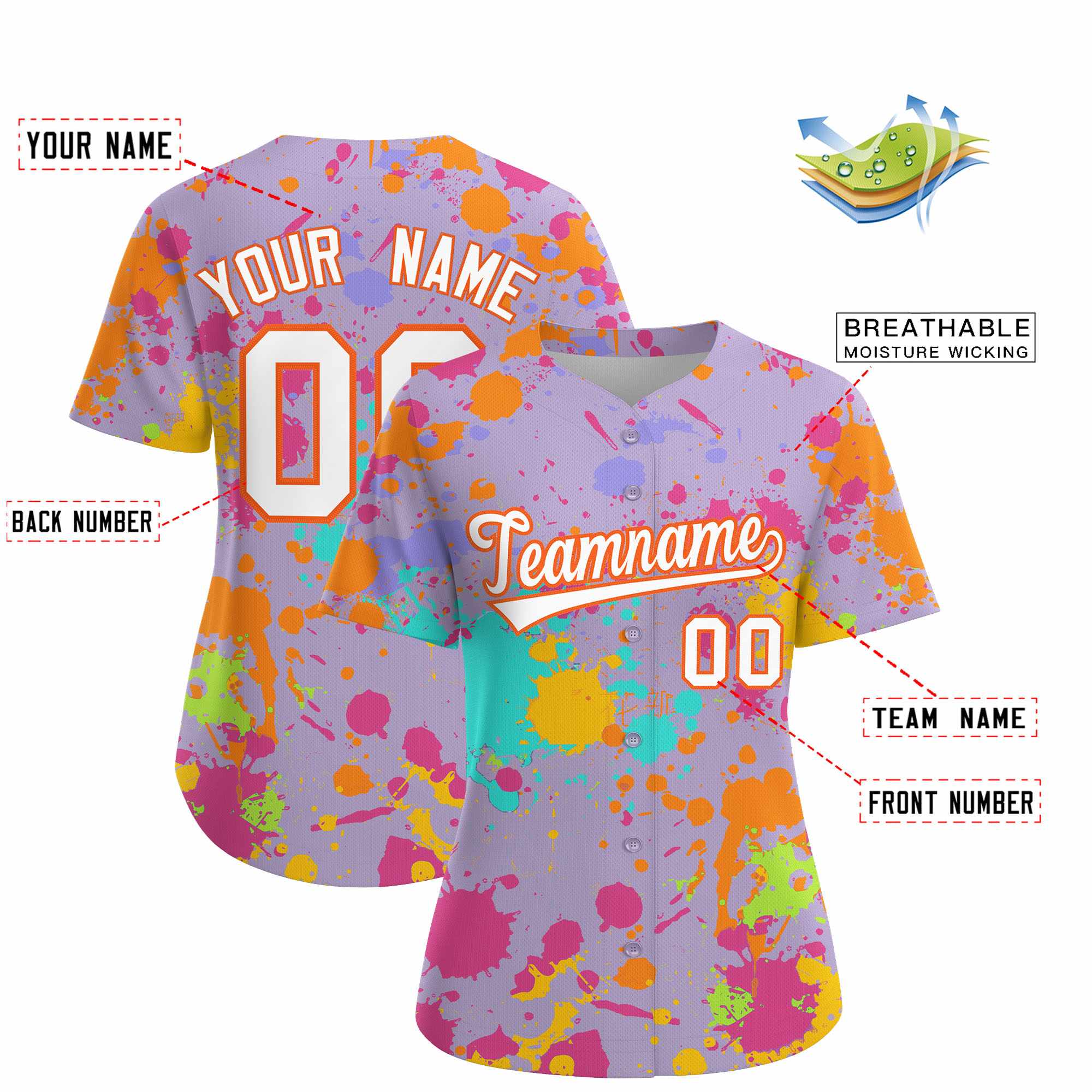 Benutzerdefiniertes hellviolettes Graffiti-Mode-Baseball-Trikot für Damen