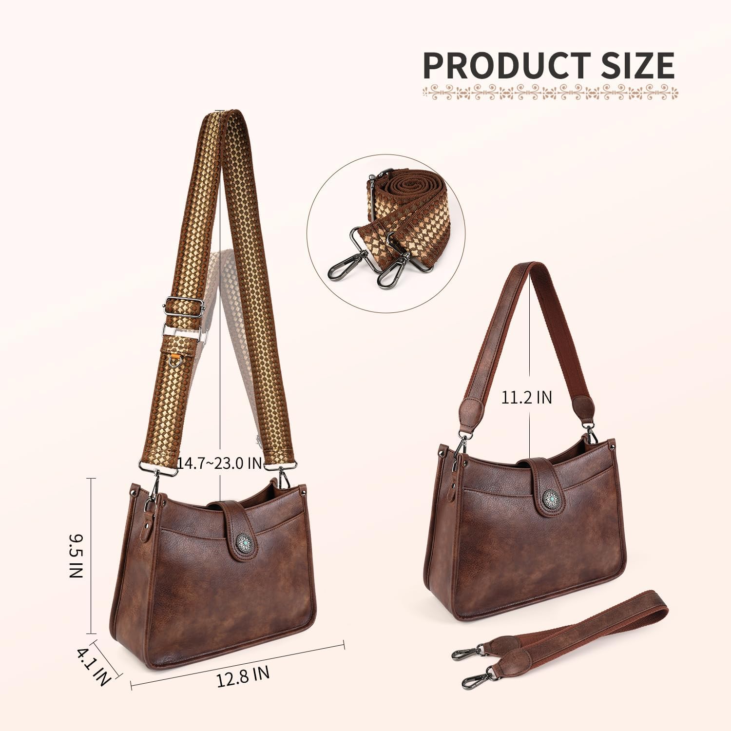 Women's Vintage Brown Hobo Purse with Woven Guitar Strap