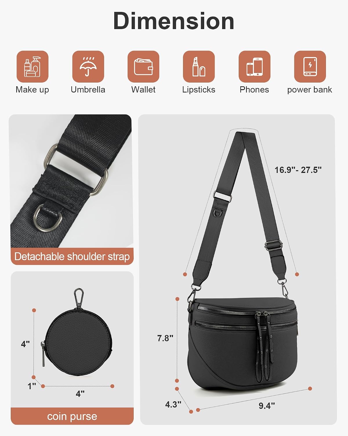 Women's Vegan Leather Saddle Crossbody Bag with Coin Purse