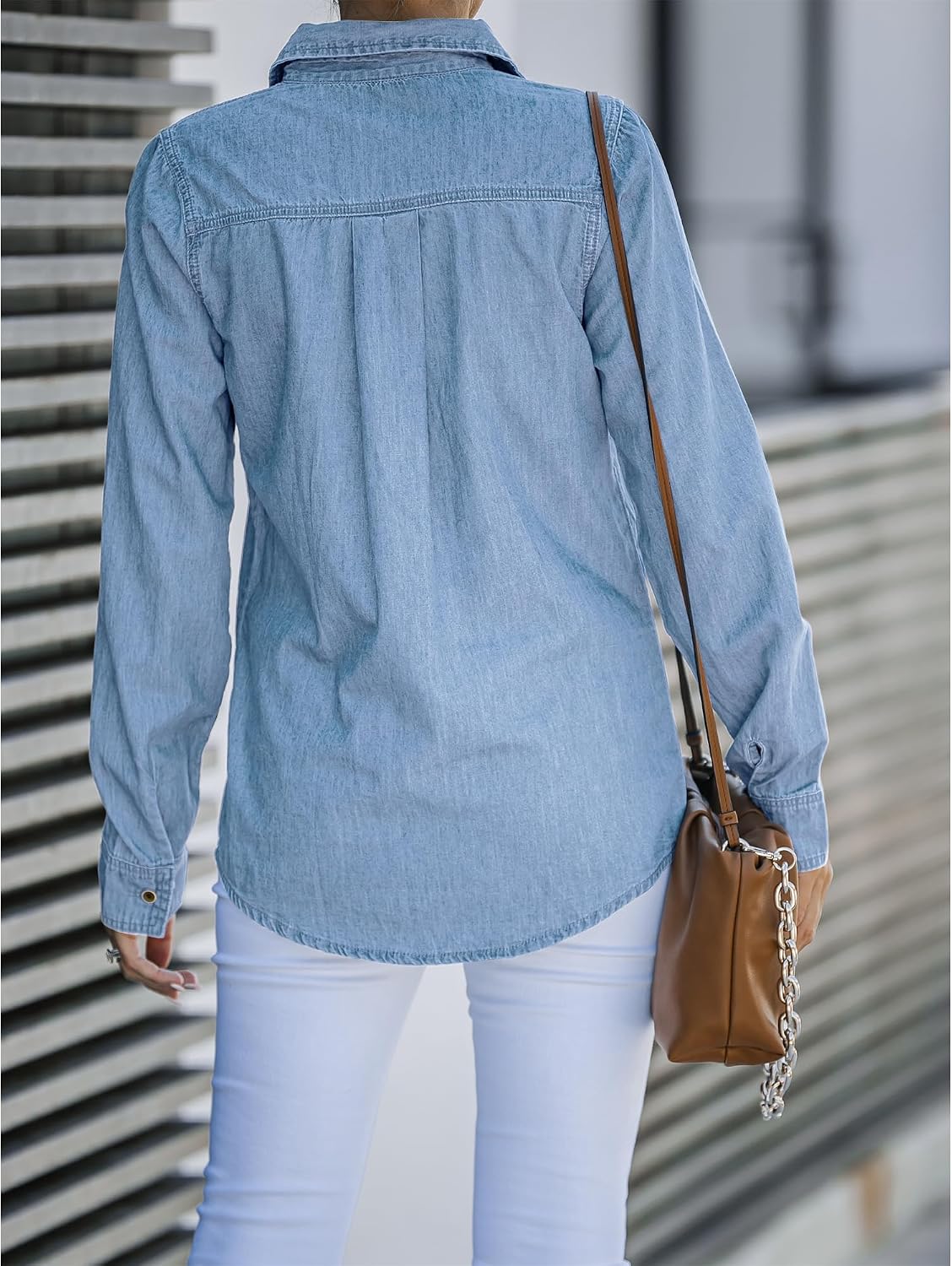 Women's Light Wash Denim Shirt Long Sleeve Collared Women's Light Wash Denim Shirt Long Sleeve Collared