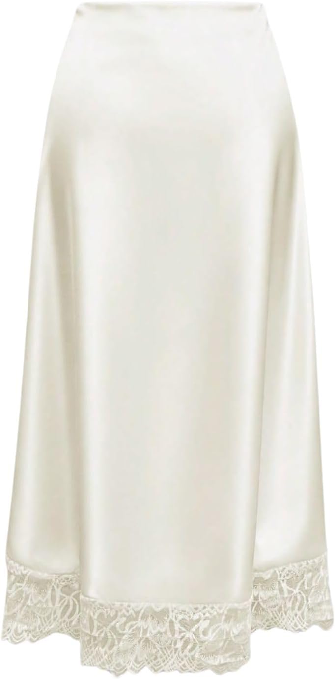 Women's Lace Trim Maxi Skirt Side Zipper Ivory