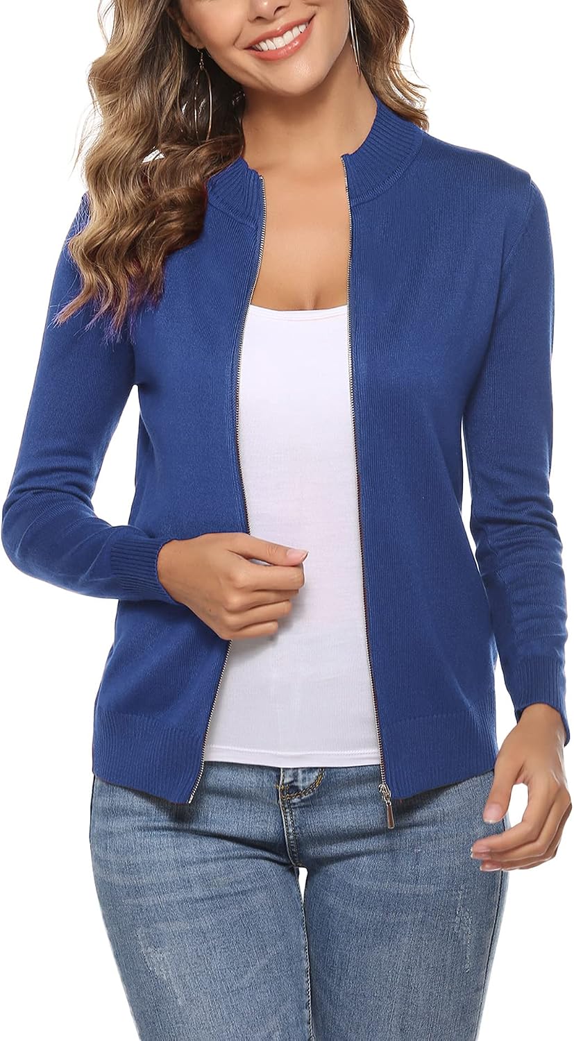 Zip Front Jacket for Women Casual Cardigan Up Sweater Tops Long Sleeve Knitted Sweatshirts