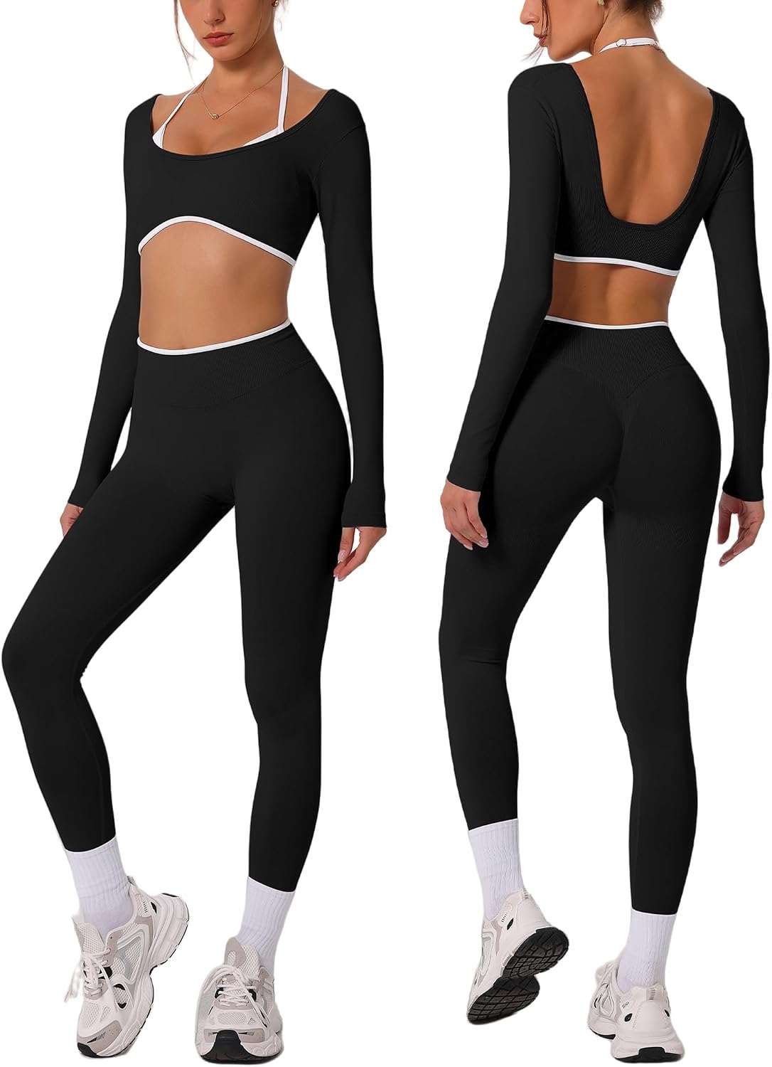 Women's Long Sleeve Crop Top and Leggings Set Black