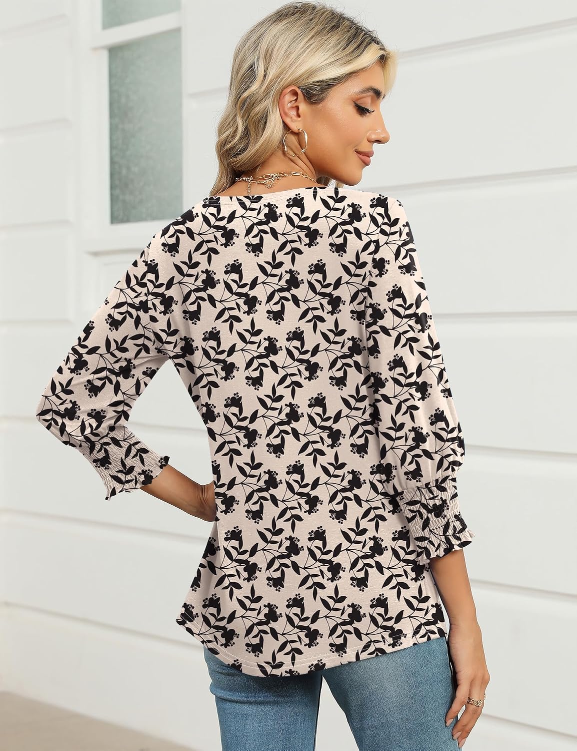 Women's Floral Print 3/4 Sleeve Blouse Boat Neck