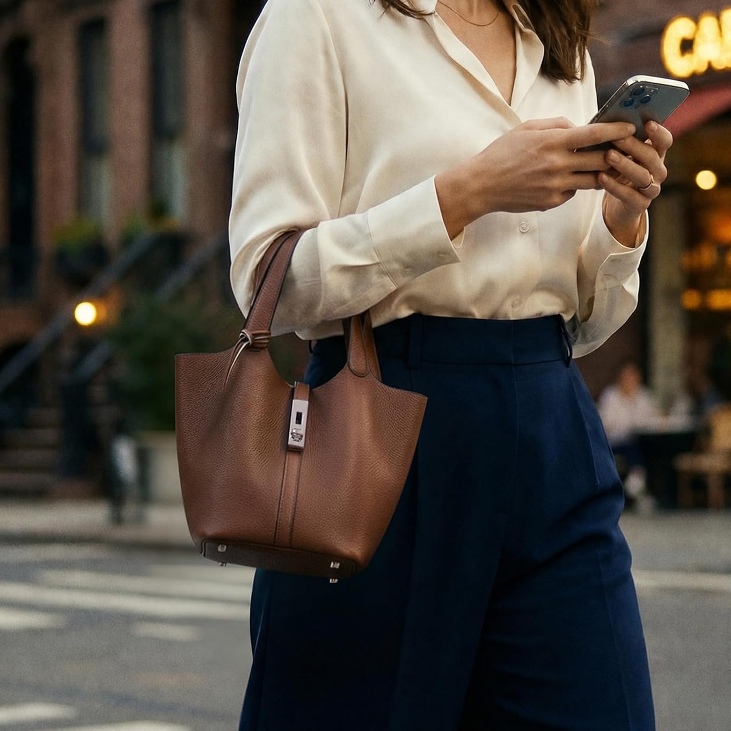 Women's Pebbled Vegan Leather Bucket Tote Bag, Brown Women's Pebbled Vegan Leather Bucket Tote Bag, Brown