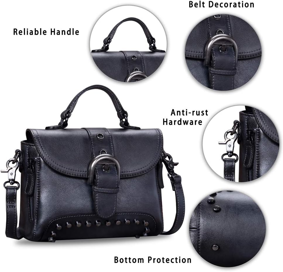 Women's Studded Genuine Leather Flap Satchel Bag Black Women's Studded Genuine Leather Flap Satchel Bag Black