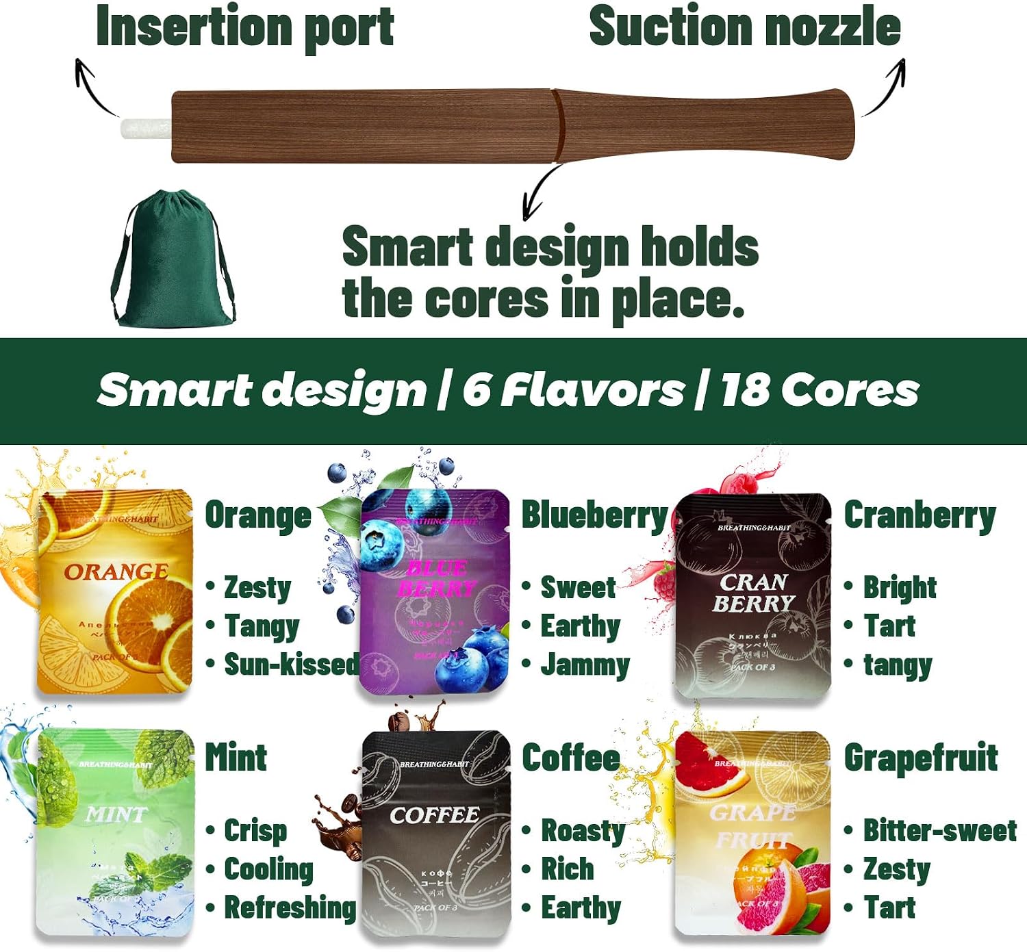 Natural Wooden Aroma Stick, 18 Herbal Cores, 6 Scents