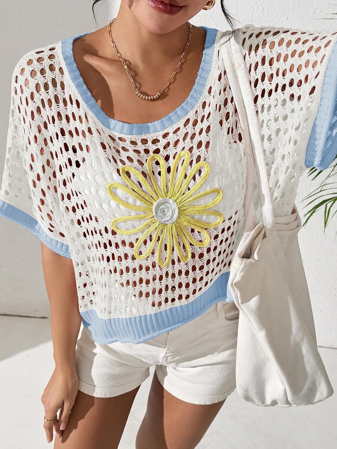 Women's Daisy Applique Open Knit Pullover