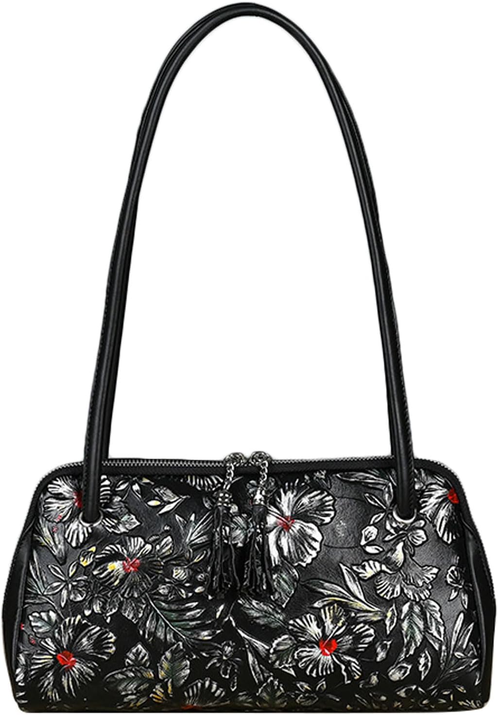 Women's Floral Tooled Cowhide Shoulder Handbag Black