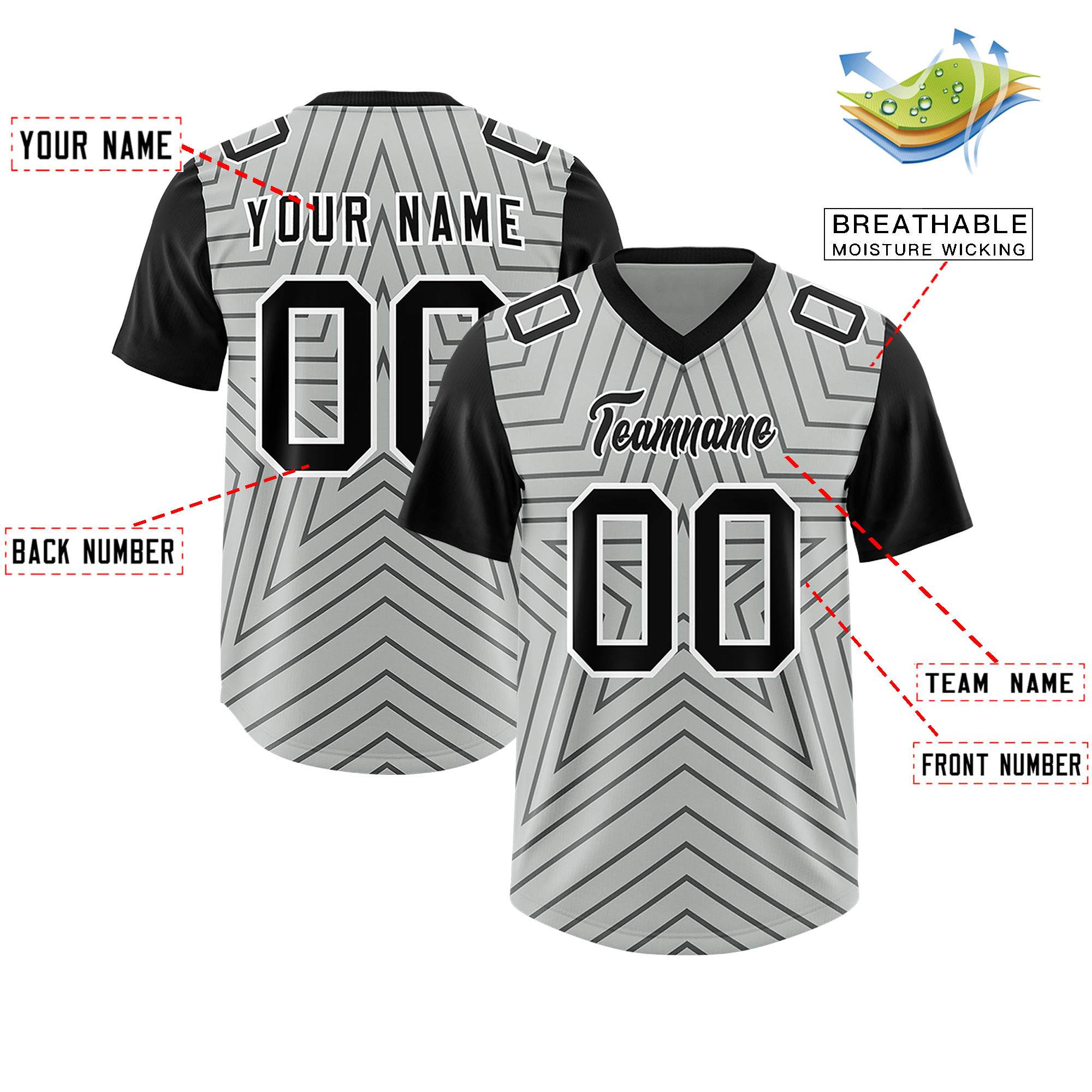 Individuell personalisiertes, authentisches Fußballtrikot mit Raglanärmeln und Sternenmuster