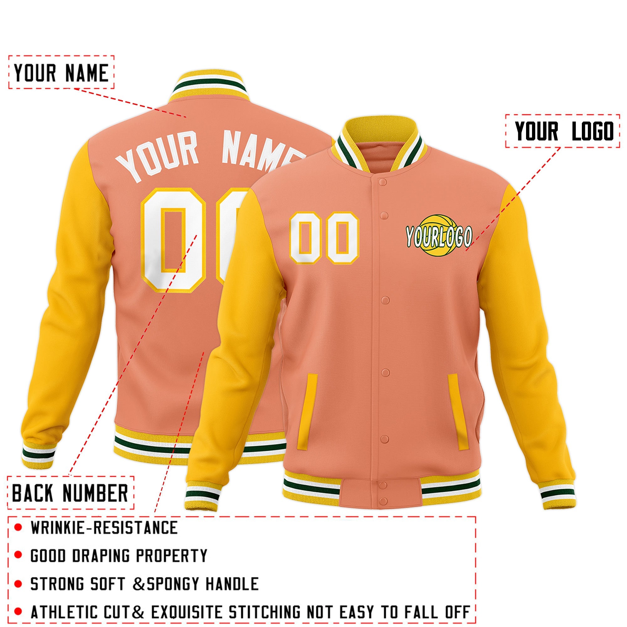 Custom Light Orange Gold White Raglan Sleeves Classic Style Letterman Cotton Fabric Jacket Custom Light Orange Gold White Raglan Sleeves Classic Style Letterman Cotton Fabric Jacket