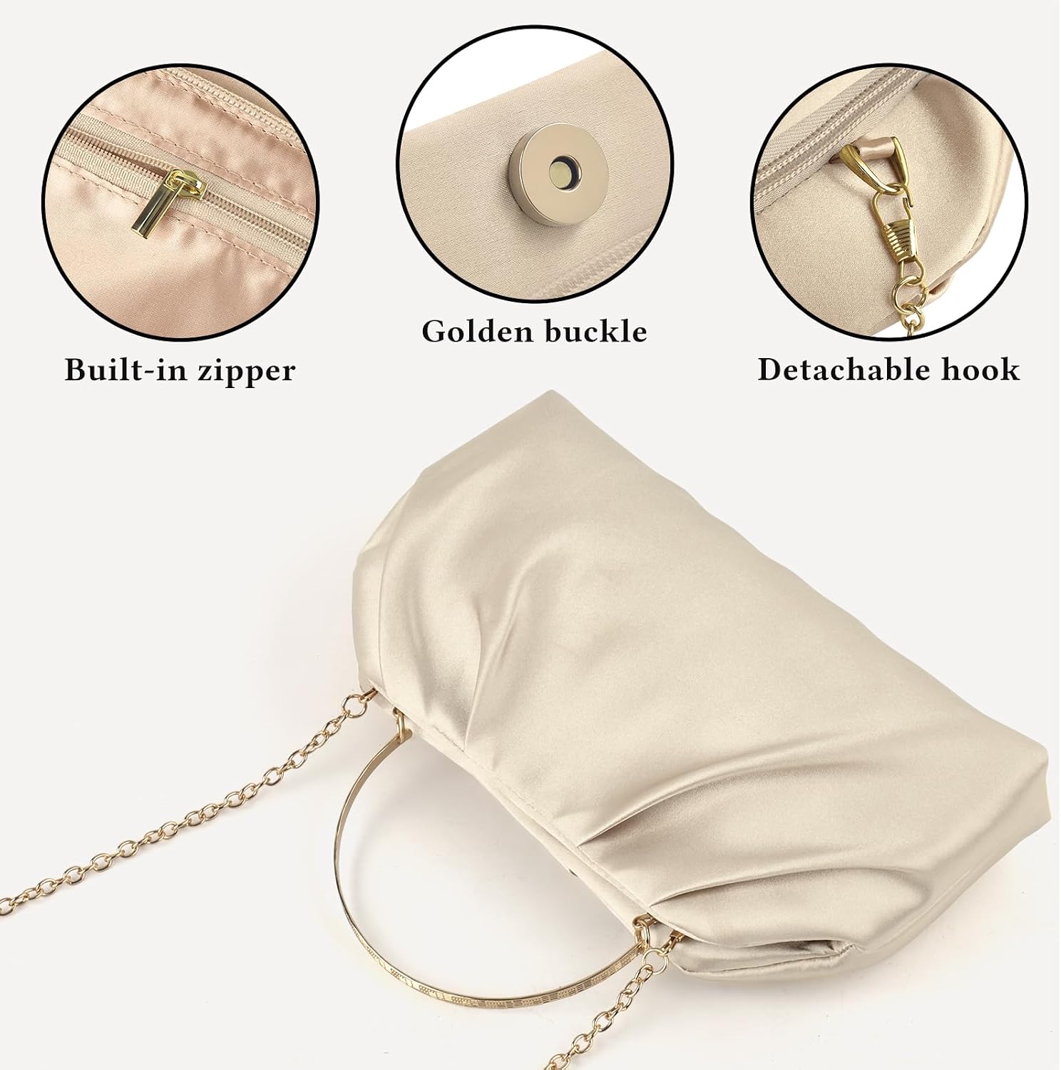 Women's Satin Pleated Clutch Purse with Gold Ring Handle Women's Satin Pleated Clutch Purse with Gold Ring Handle