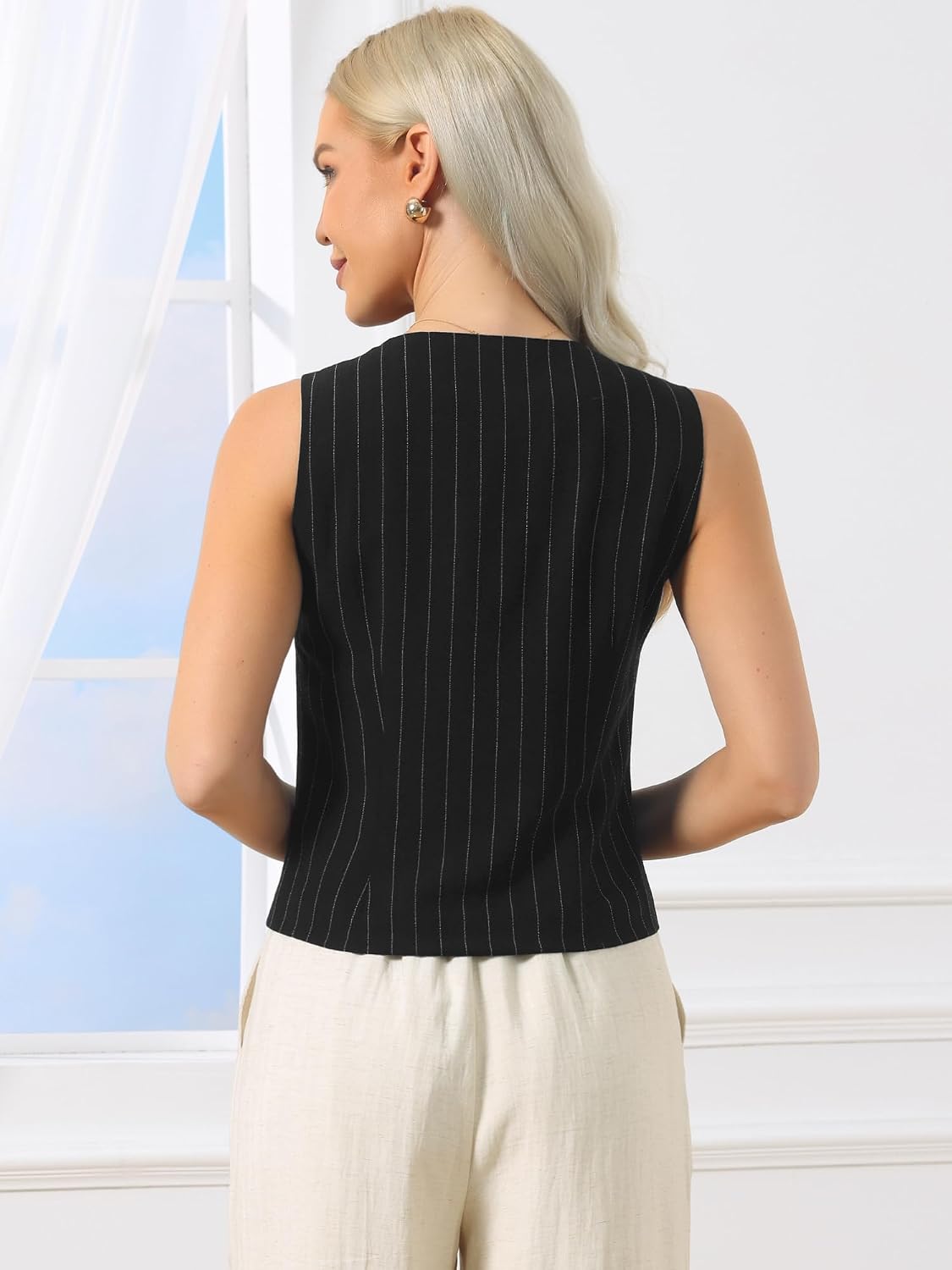 Women's Pinstripe Linen Vest V Neck Button Crop Waistcoat