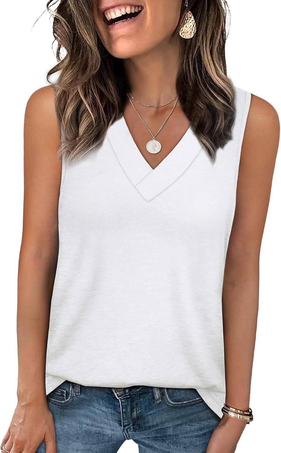 Women's White V Neck Tank Top, Loose Fit