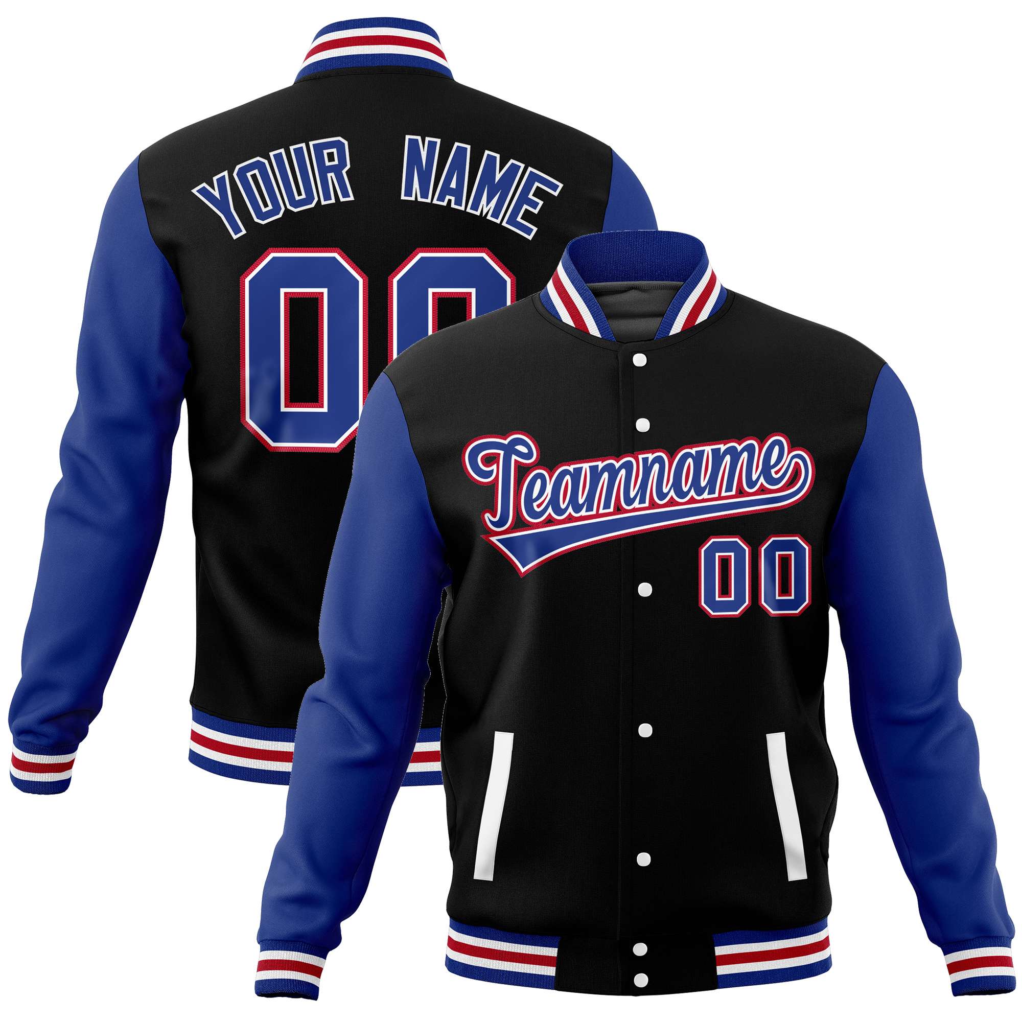 Individuelle Letterman-Baseballjacke mit durchgehenden Druckknöpfen und Raglanärmeln