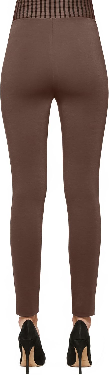 Women's Faux Leather Front Leggings with Mesh Panels (Brown)