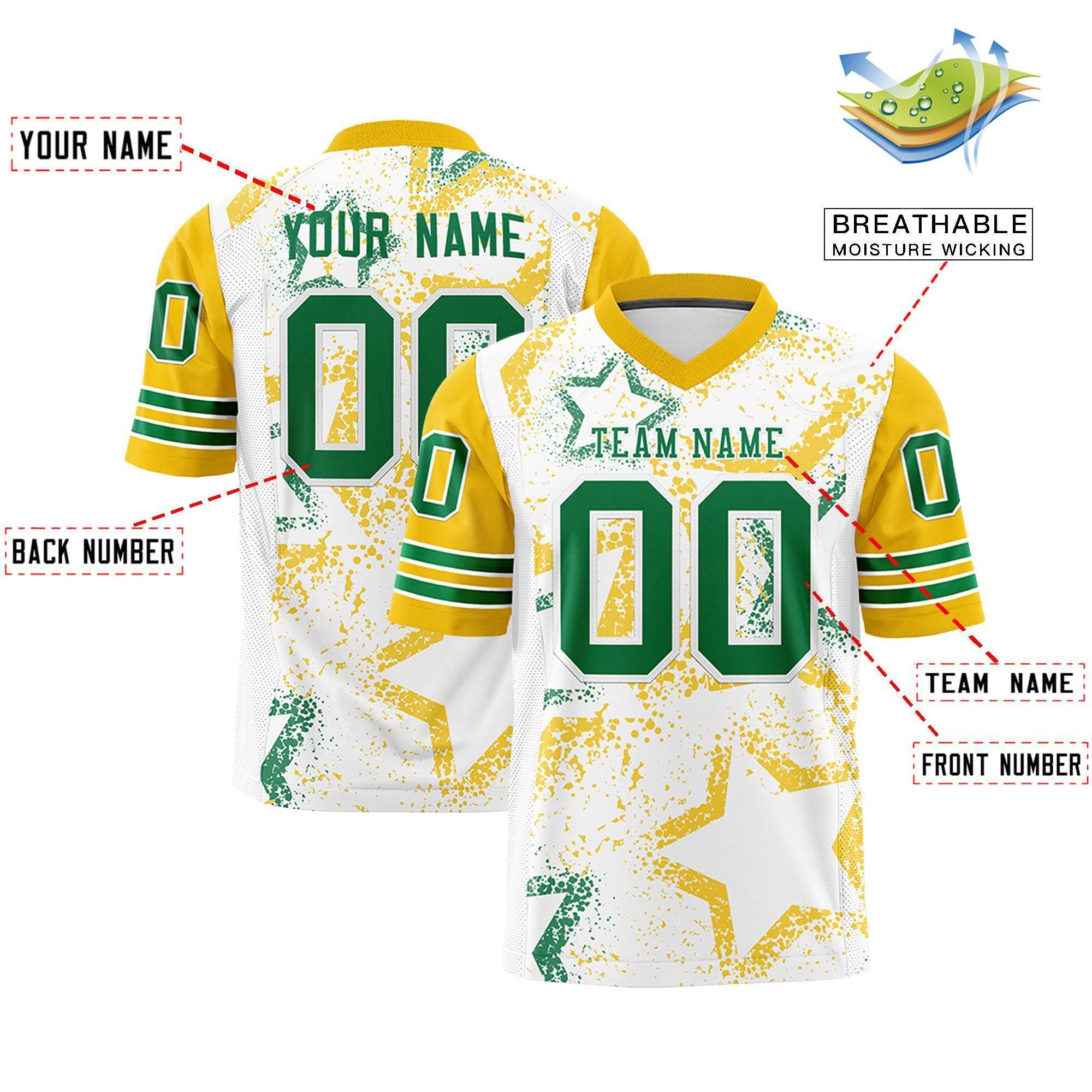 Benutzerdefiniertes Weißgold-Kelly-Grün, personalisiertes Sternmuster-Design, authentisches Fußballtrikot