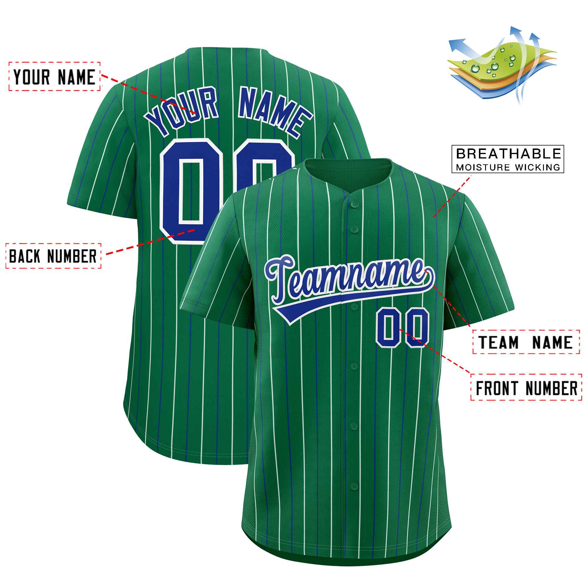 Benutzerdefiniertes authentisches Kelly Green Royal und weiße zweifarbige Streifen-Baseballtrikot Benutzerdefiniertes authentisches Kelly Green Royal und weiße zweifarbige Streifen-Baseballtrikot