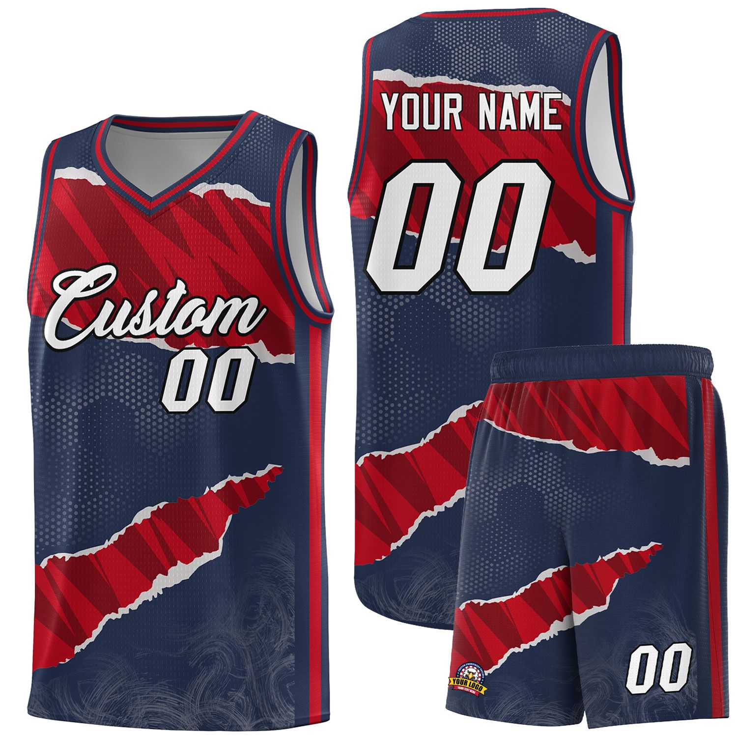 Benutzerdefiniertes Mitternachtsblau-Rot-Schwarz-Tränen-Graffiti-Muster-Sportuniform-Basketballtrikot
