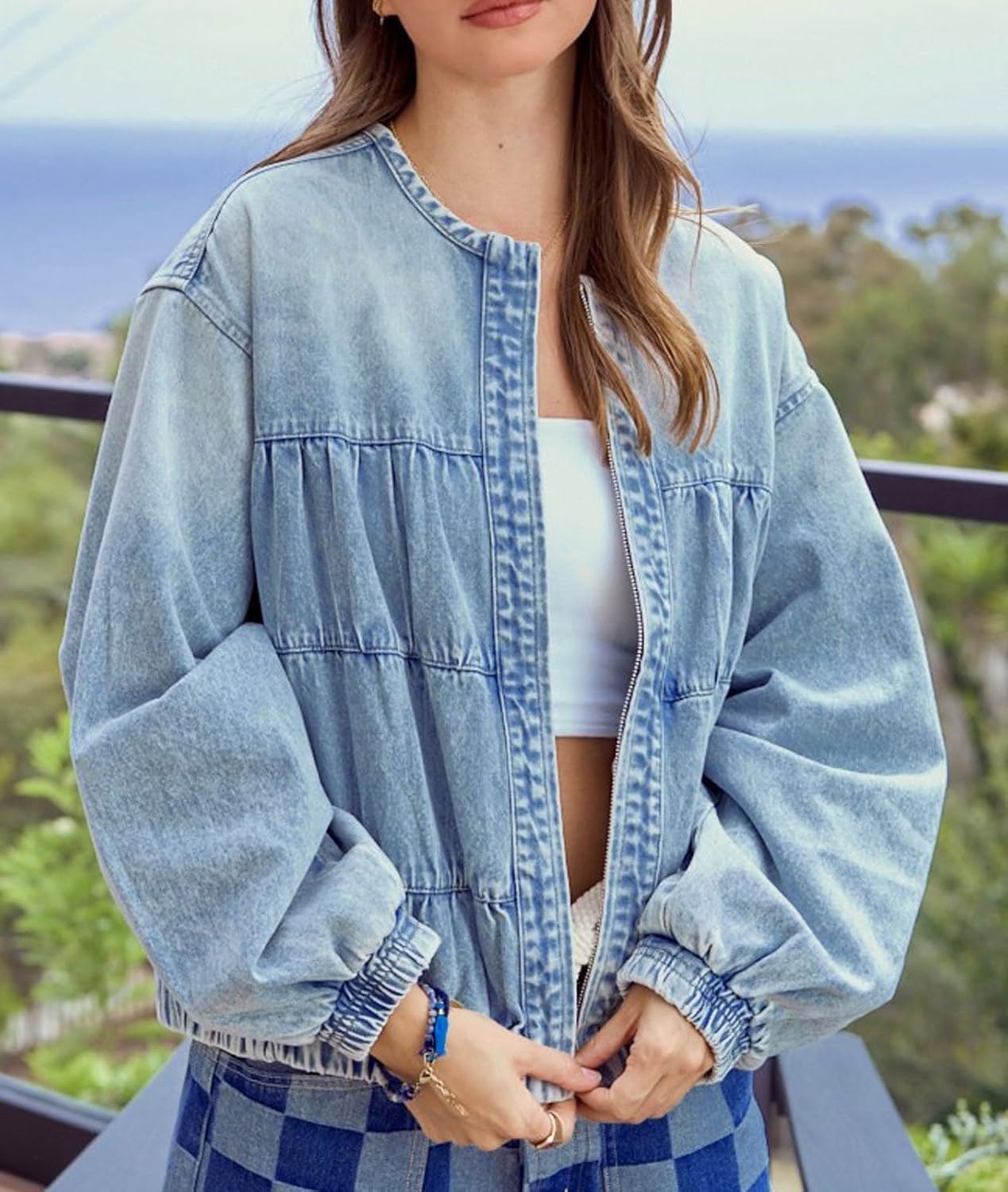 Women Zip Up Oversized Denim Jean Jacket Long Sleeve Distressed Patchwork Bomber Fall Trucker Coat Collarless